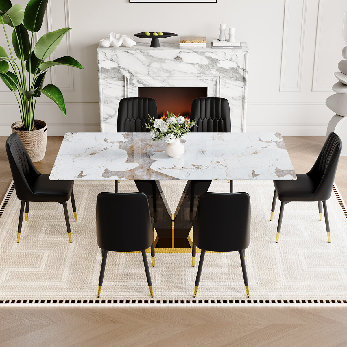 Mercer41 71'' Dining Table Set,Gold Dining Room Table Set With V-Shaped ...